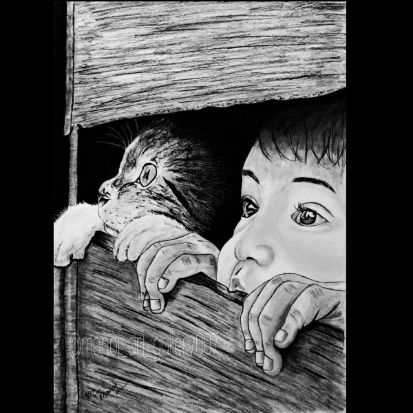 Brilliant Pencil Sketch Of Boy And Cat - DesiPainters.com