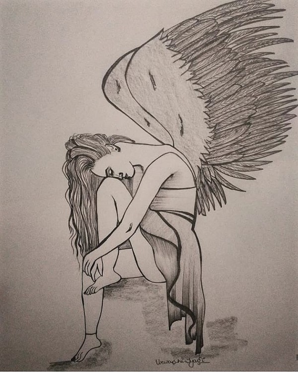 Lovely Pencil Sketch Of Angel - DesiPainters.com