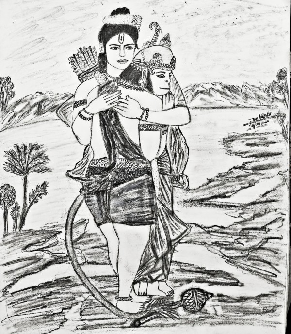 Great Pencil Sketch Of Lord Rama And Lord Hanuman - DesiPainters.com
