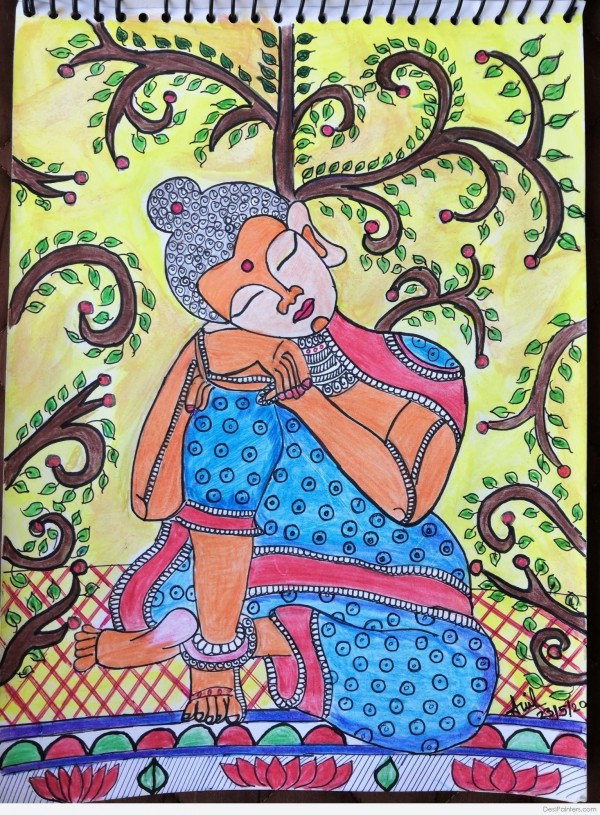 Colorful pencil sketch of Lord Budha - DesiPainters.com