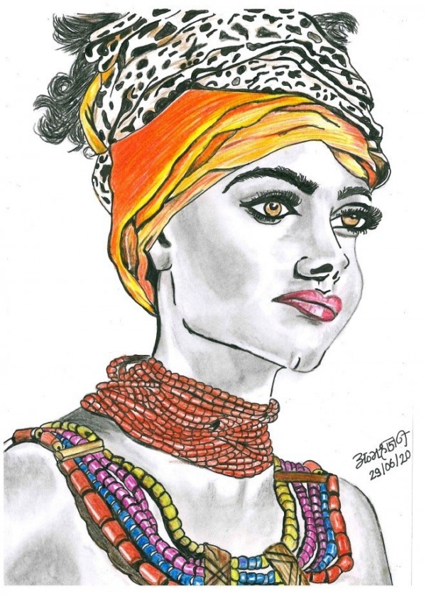 Colorful sketch of beautiful lady with ornaments - DesiPainters.com