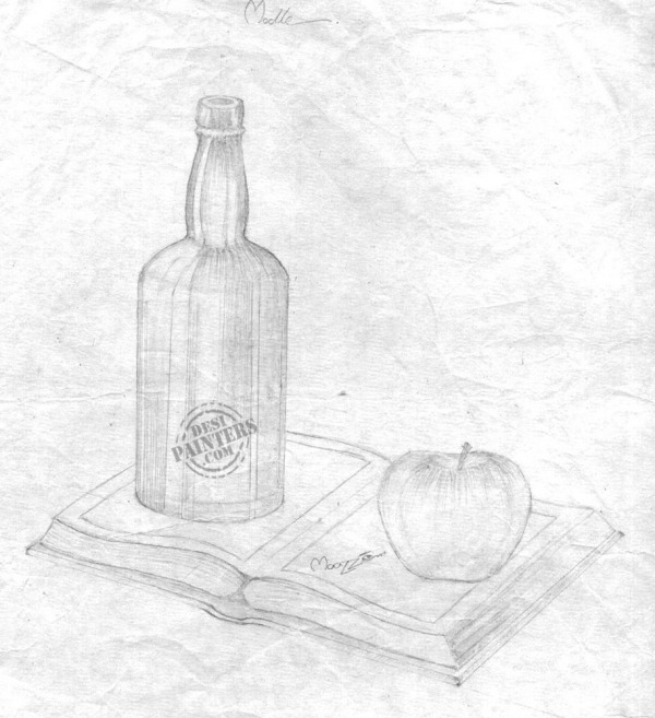 Bottle And Apple On Book - DesiPainters.com