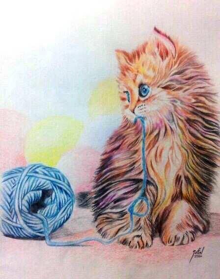 Pencil Colors Painting Of A Naughty Cat - DesiPainters.com