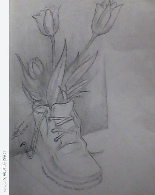 Pencil Sketch Of Boot Flowers Bouquet - DesiPainters.com