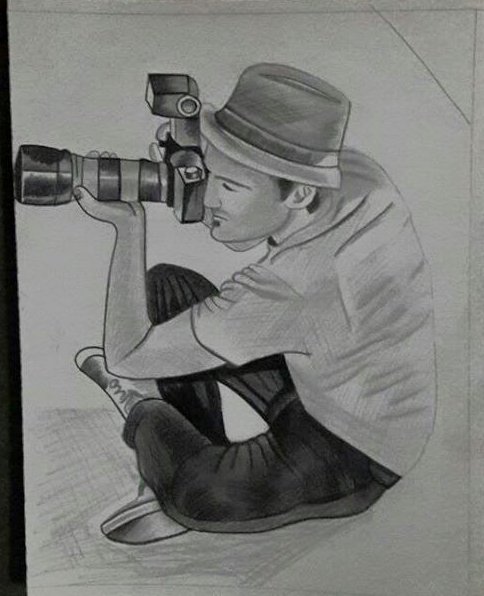 Pencil Sketch of Boy With Camera