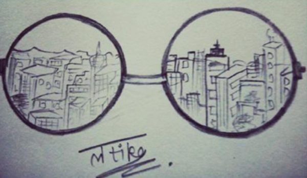 Pencil Sketch of Town In Glasses
