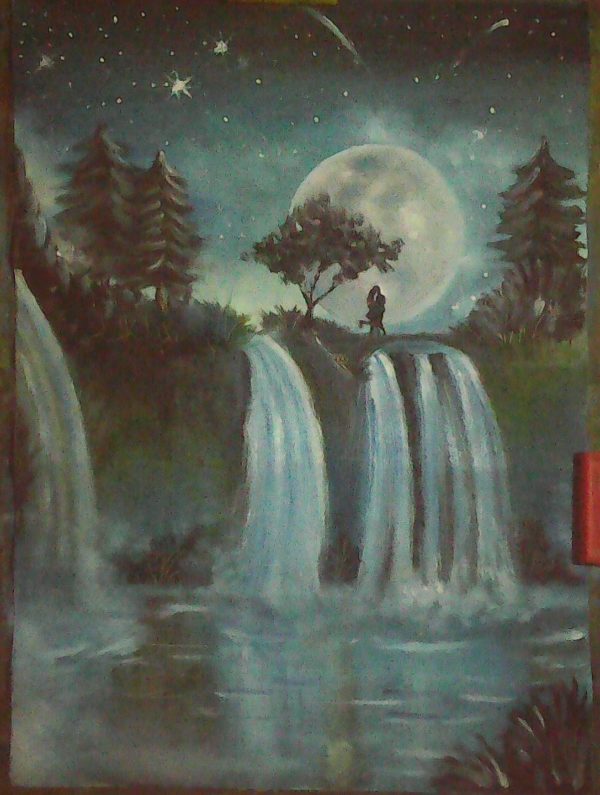 Oil Painting of Waterfall And Night View