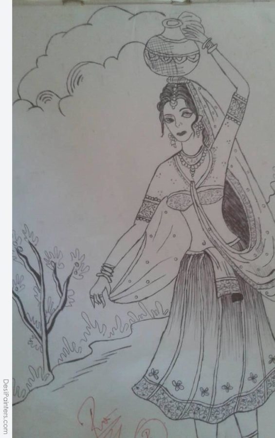 Pencil Sketch of Village Women - DesiPainters.com