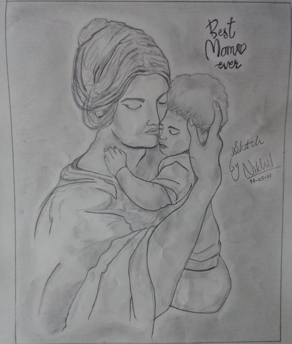 Pencil Sketch of Mother And Baby Love